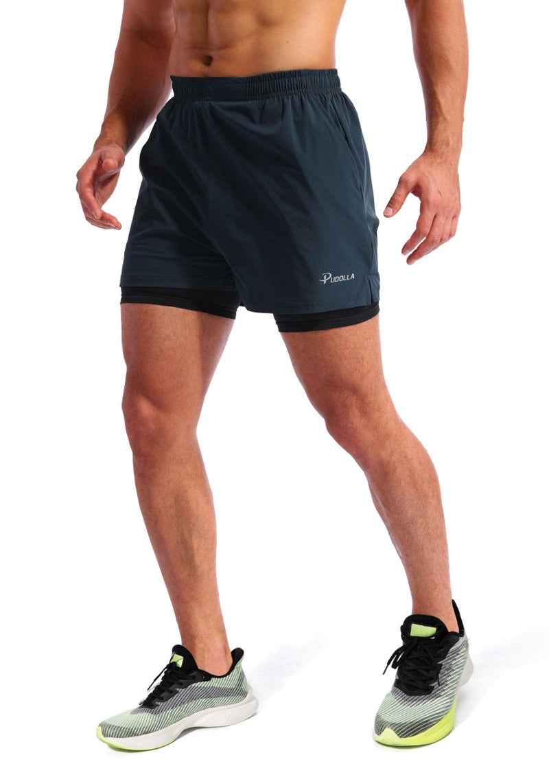 Pudolla Menâ€™s 2 in 1 Running Shorts 5" Quick Dry Gym Athletic Workout Shorts for Men with Phone Pockets(Navy Blue Large) - Image 3